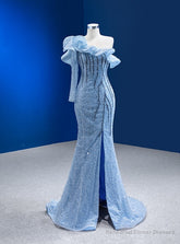 Blue Sequins One Shoulder Beading Prom Dress